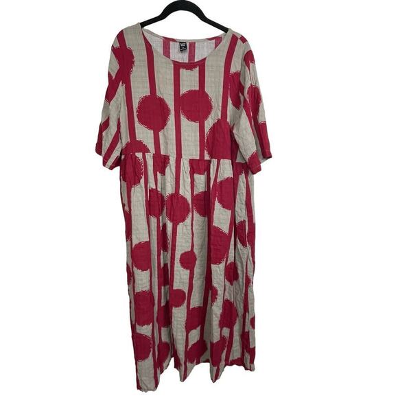 Emery Rose Dresses & Skirts - Emery Rose Midi Dress Size XL Taupe Red Striped Dots‎ Pockets